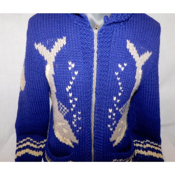 Vintage 50s 60s Cowichan cardigan Blue Whale Fish Wool Full Zip Sweater Jacket M - Picture 7 of 11